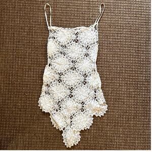 Vintage 1970s Hand-Crocheted Floral Tunic Top | Boho Spaghetti Strap